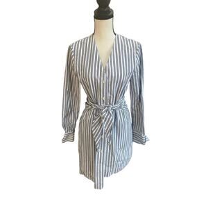 Tibi Women’s Shirt Dress Blue White Stripe Cotton Tie Waist Long Sleeve Size 2